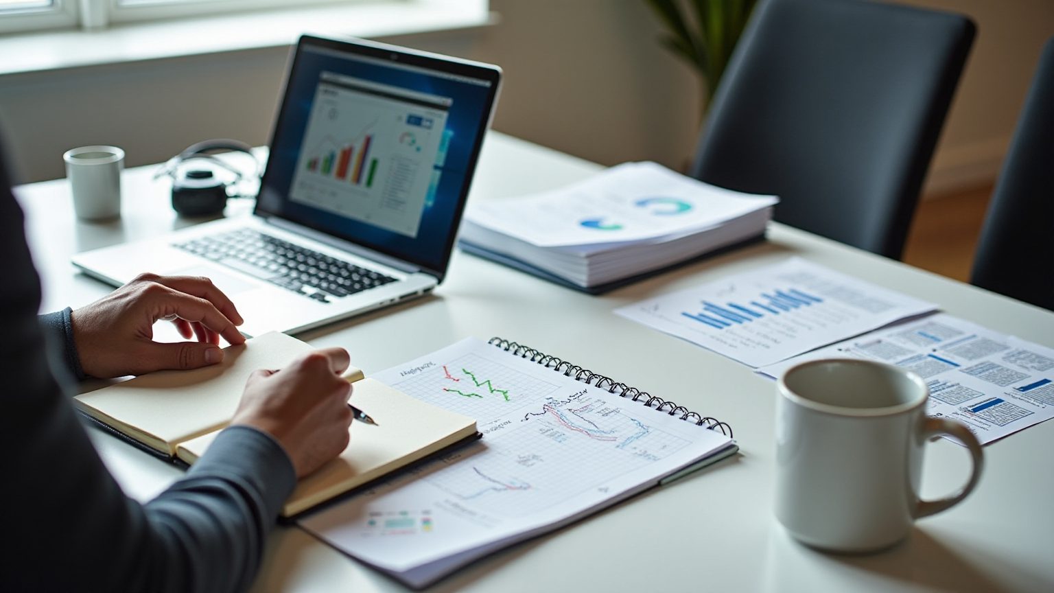 A hands-on strategy workspace with a laptop, a notebook of charts, printed reports and natural window light, illustrating the context of a brand visibility audit.
